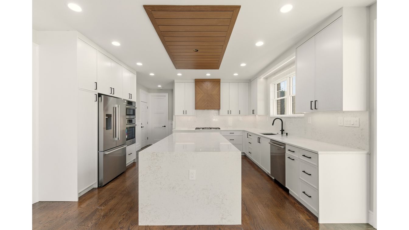 Interior, Kitchen, Recessed Lighting, Stainless Steel Appliances, Wooden Ceilings, Wood Texture Flooring