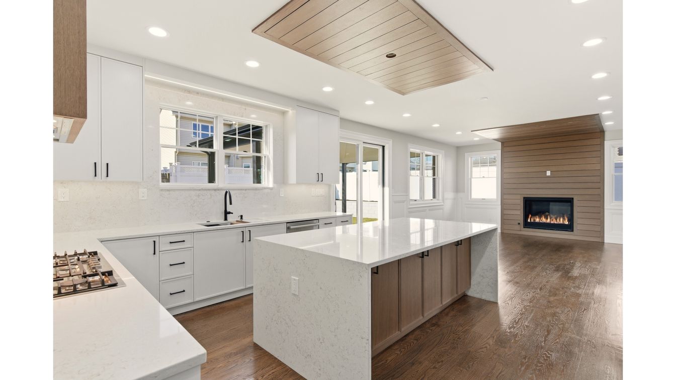 Fireplace, Interior, Kitchen, Recessed Lighting, Wooden Ceilings, Wood Texture Flooring, Wooden Walls