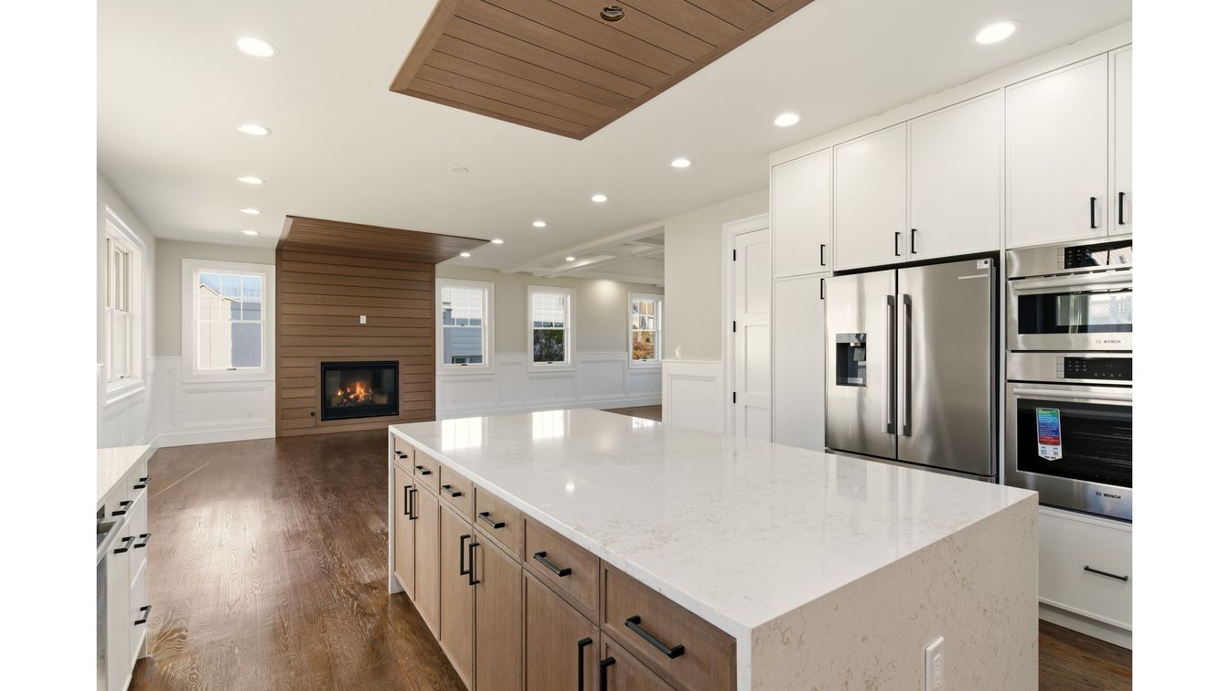 Fireplace, Interior, Kitchen, Recessed Lighting, Stainless Steel Appliances, Wooden Ceilings, Wood Texture Flooring