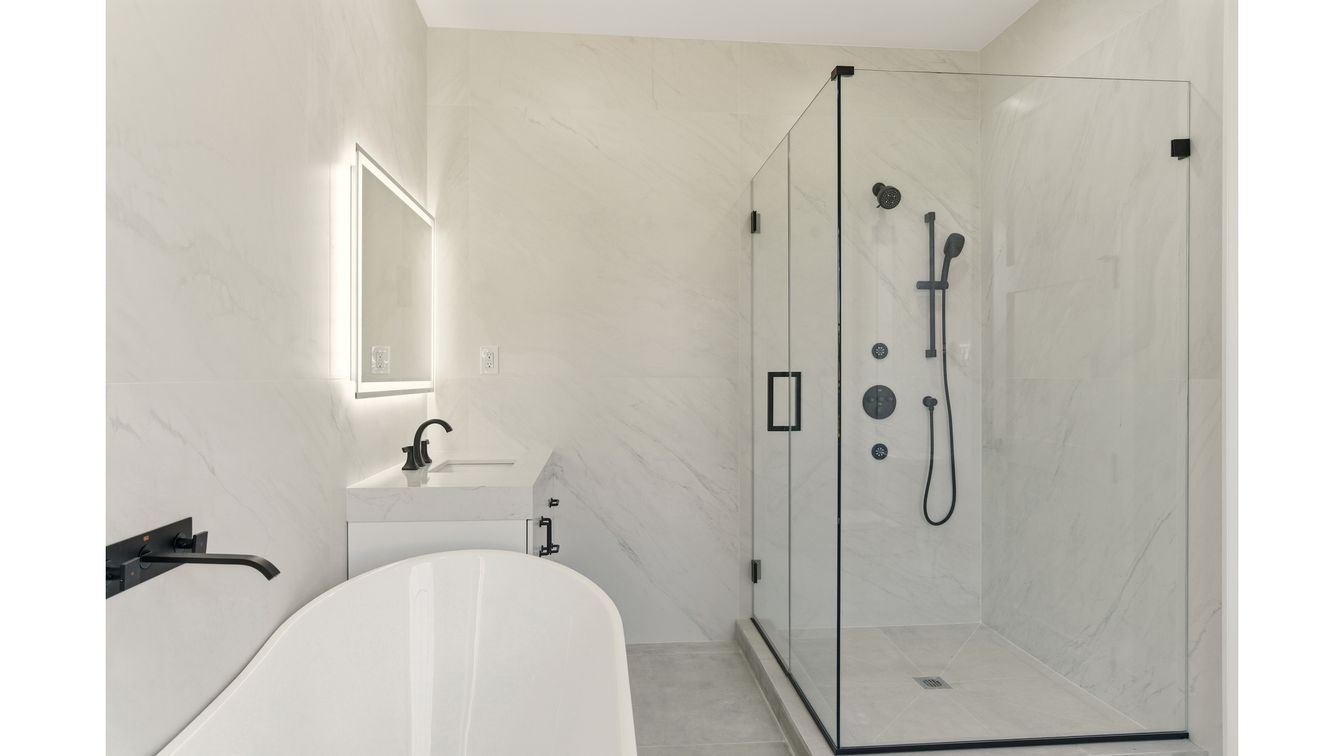 Bathroom, Free Standing Baths, Glass Shower, Interior, Marble Walls