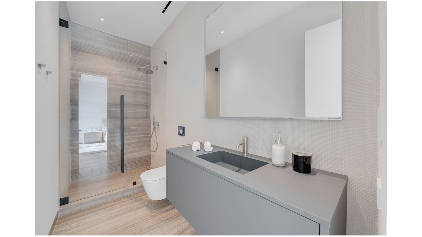 Bathroom, Glass Shower, Interior, Recessed Lighting, Wood Texture Flooring