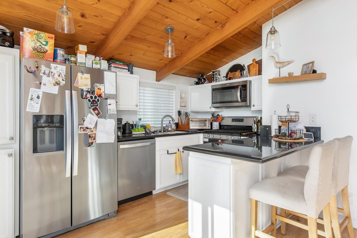 Interior, Kitchen, Pendant Lights, Stainless Steel Appliances, Wooden Beams, Wooden Ceilings, Wood Texture Flooring