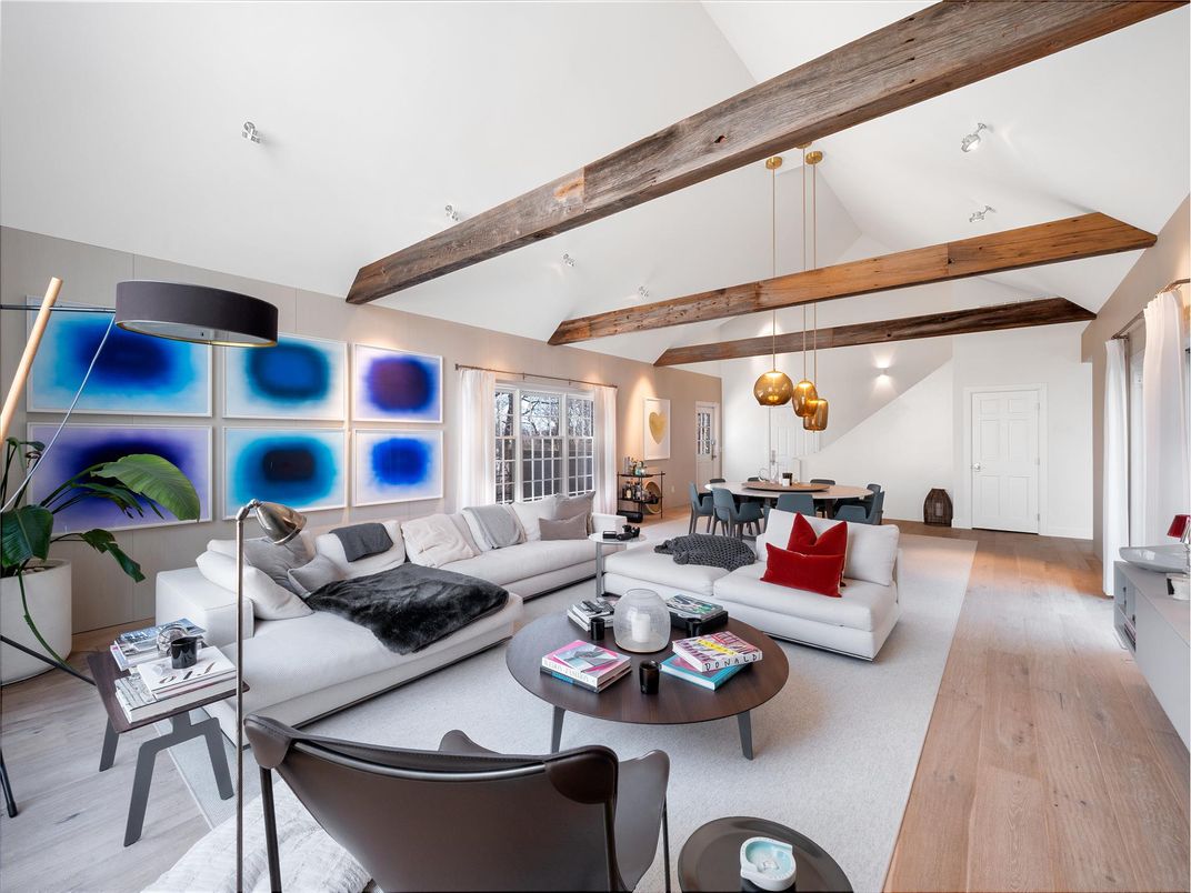 Dining room, Interior, Living room, Pendant Lights, Recessed Lighting, Wooden Beams, Wood Texture Flooring