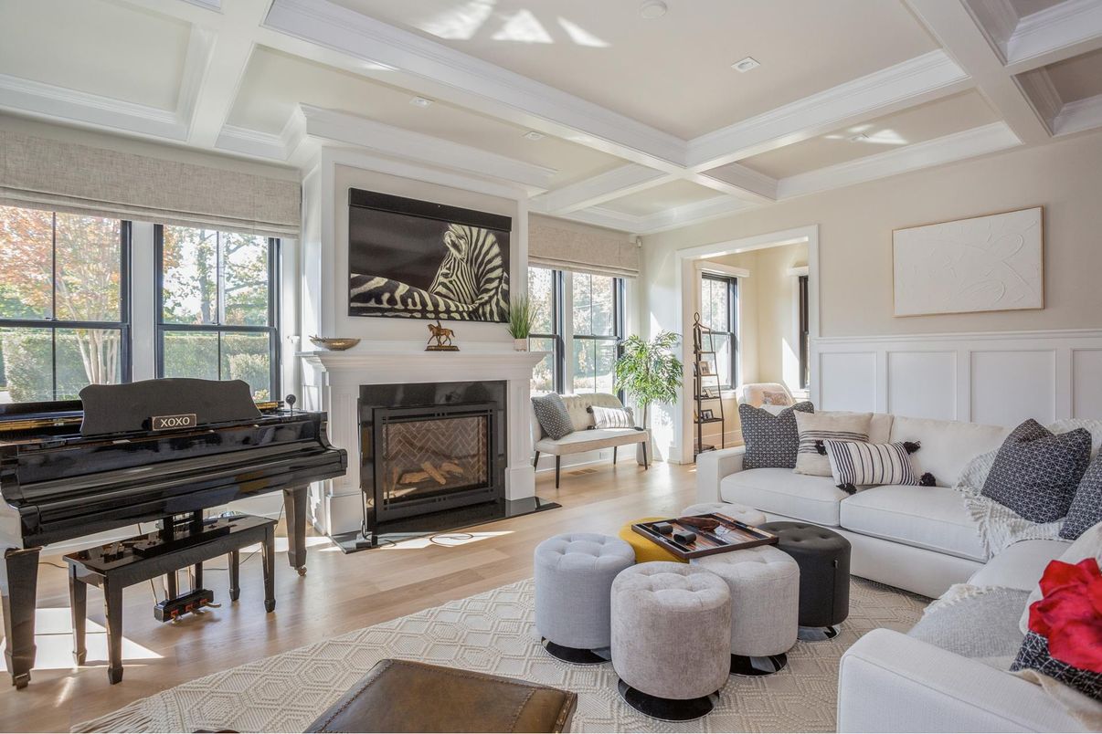 Fireplace, Interior, Living room, Piano, Recessed Lighting, Wood Texture Flooring