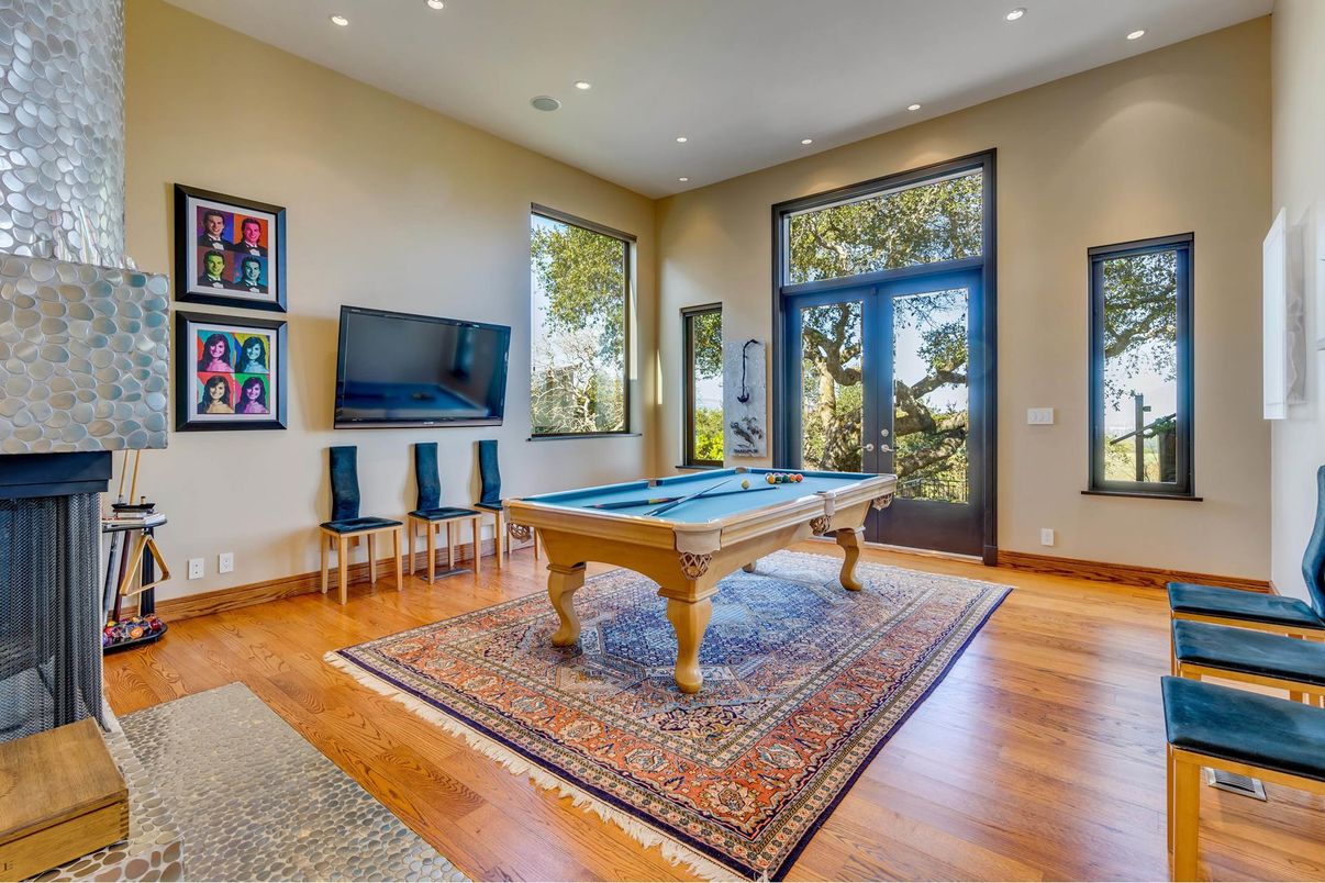 Billiard Table, Game Room, Interior, Recessed Lighting, Wood Texture Flooring