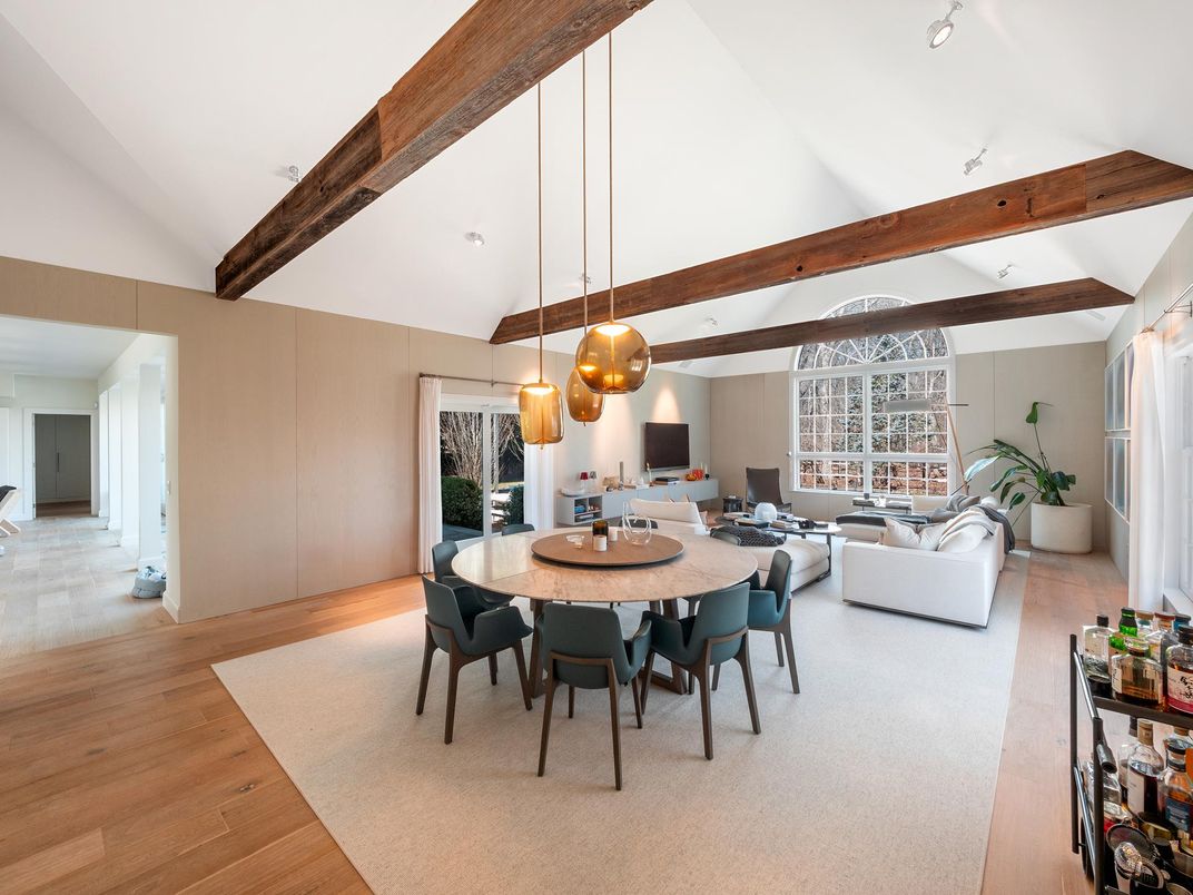 Dining room, Interior, Living room, Pendant Lights, Wooden Beams, Wood Texture Flooring