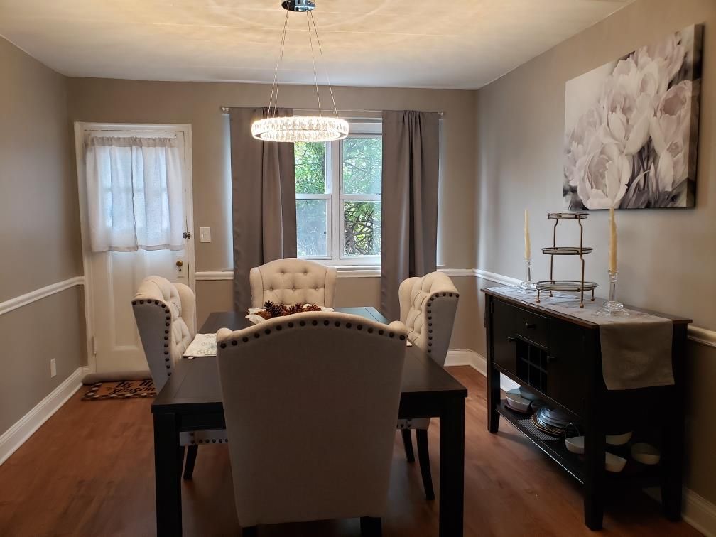 Dining room, Interior, Pendant Lights, Wood Texture Flooring