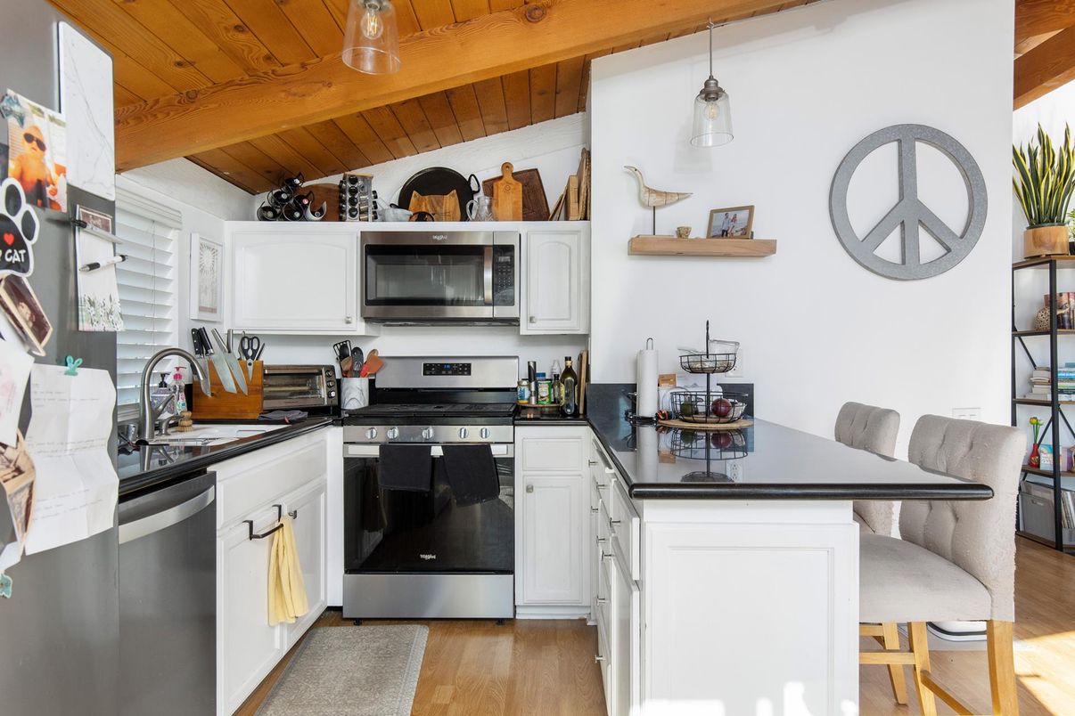 Interior, Kitchen, Pendant Lights, Stainless Steel Appliances, Wooden Beams, Wooden Ceilings, Wood Texture Flooring