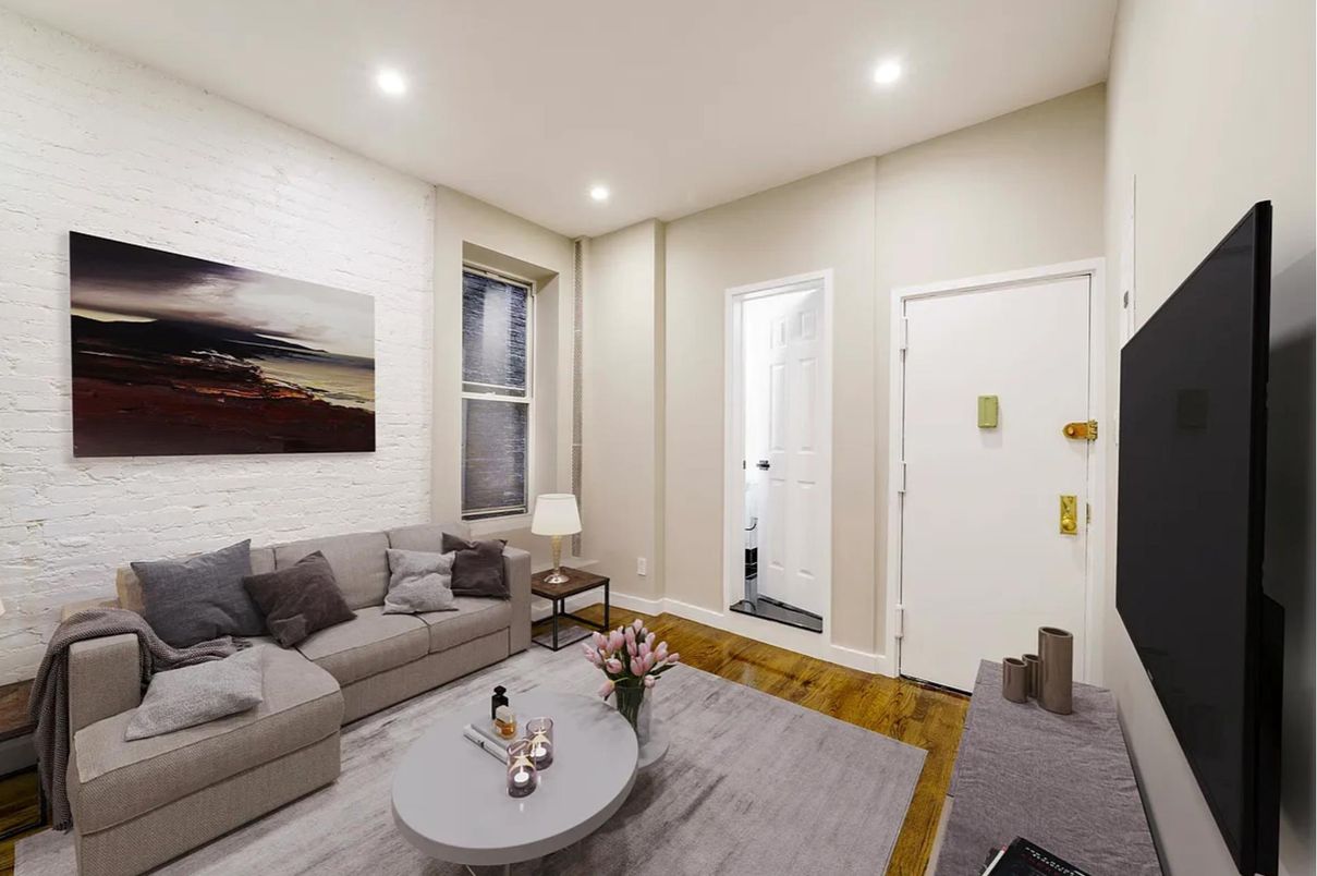 Interior, Living room, Recessed Lighting, Stone Walls, Wood Texture Flooring