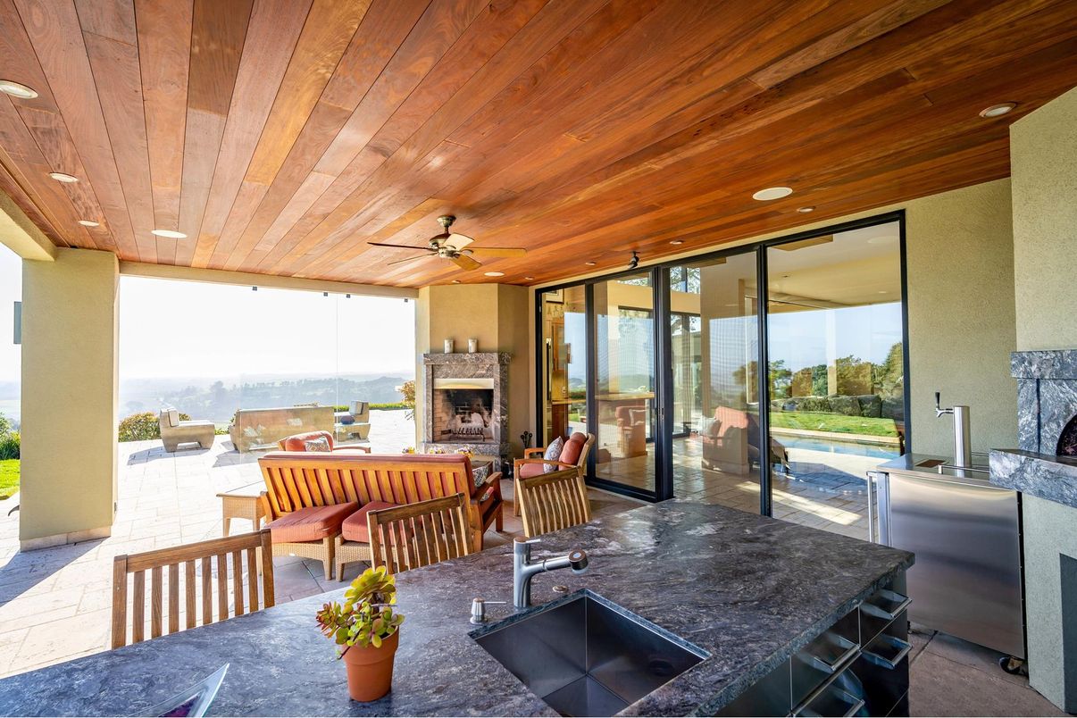 Exterior, Fireplace, Outdoor Kitchen, Recessed Lighting, Wooden Ceilings