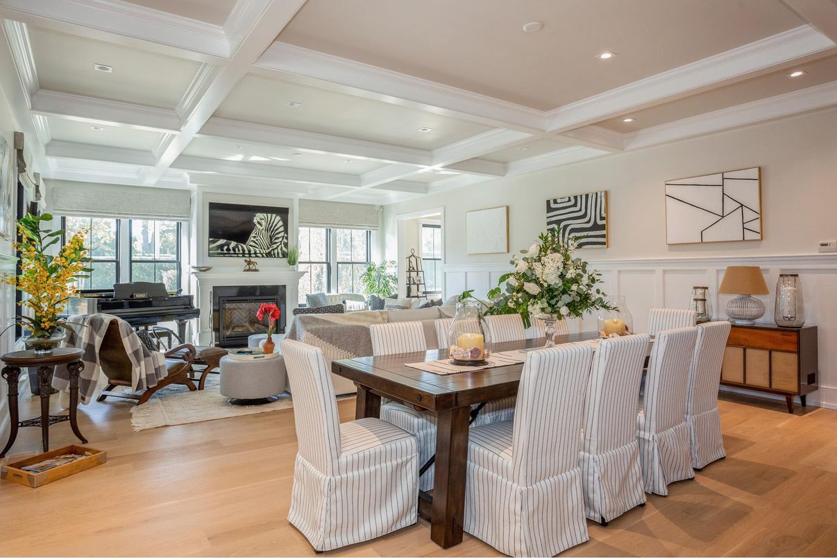 Dining room, Fireplace, Interior, Living room, Piano, Recessed Lighting, Wood Texture Flooring