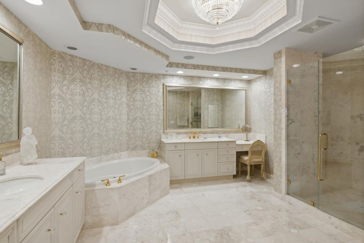 Bathroom, Chandelier, Dual Sink Vanities, Glass Shower, Interior, Marble, Recessed Lighting