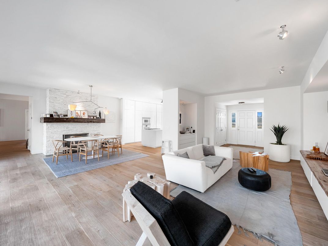 Dining room, Interior, Living room, Pendant Lights, Wood Texture Flooring