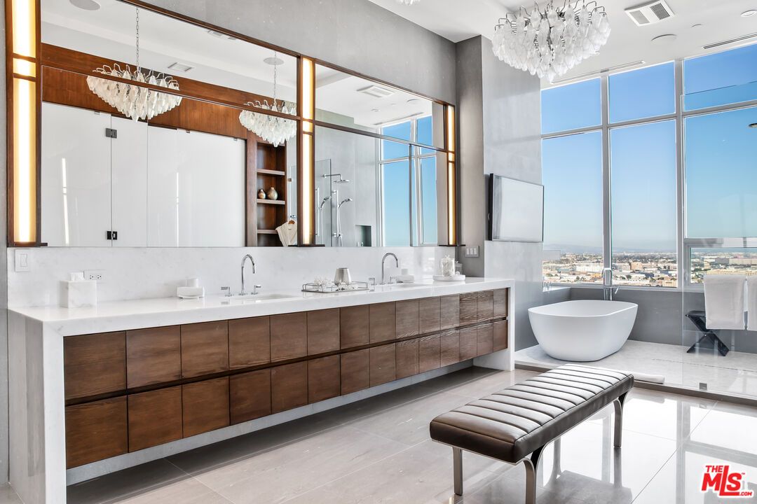 Bathroom, Chandelier, Dual Sink Vanities, Free Standing Baths, Interior, Pendant Lights, Recessed Lighting