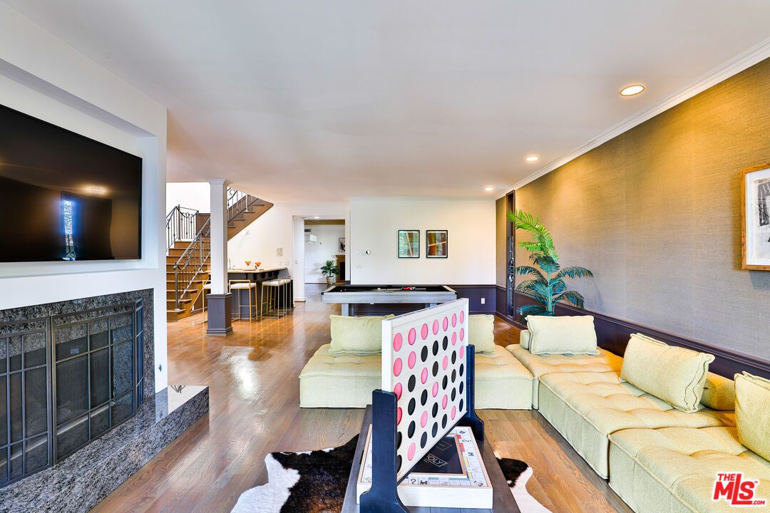 Billiard Table, Fireplace, Game Room, Interior, Recessed Lighting, Wood Texture Flooring