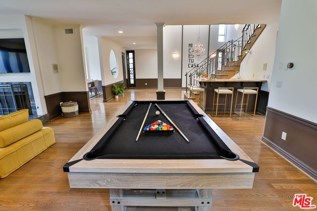 Billiard Table, Game Room, Interior, Pendant Lights, Recessed Lighting, Wood Texture Flooring