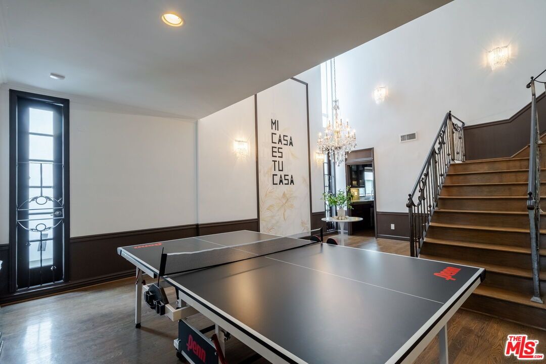 Chandelier, Game Room, Interior, Recessed Lighting, Wood Texture Flooring