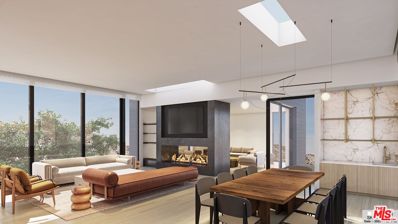 Dining room, Fireplace, Interior, Living room, Pendant Lights, Wood Texture Flooring