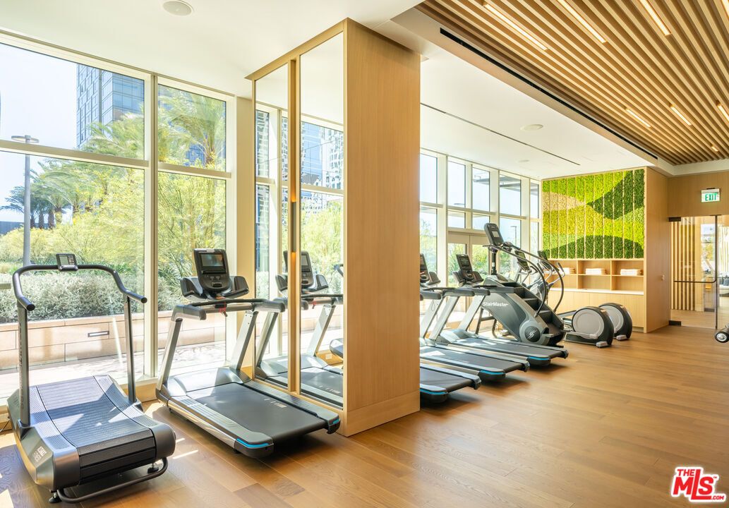 Fitness Equipment, Gym, Interior, Recessed Lighting, Wood Texture Flooring