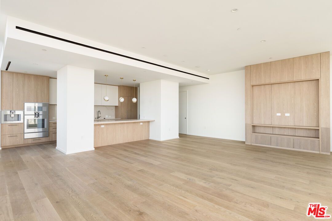 Empty room, Interior, Kitchen, Pendant Lights, Recessed Lighting, Wood Texture Flooring