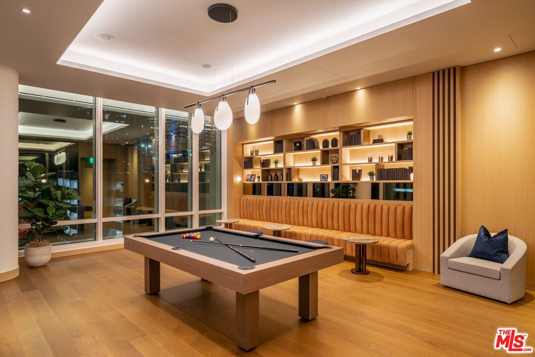 Billiard Table, Game Room, Interior, Pendant Lights, Recessed Lighting, Wood Texture Flooring
