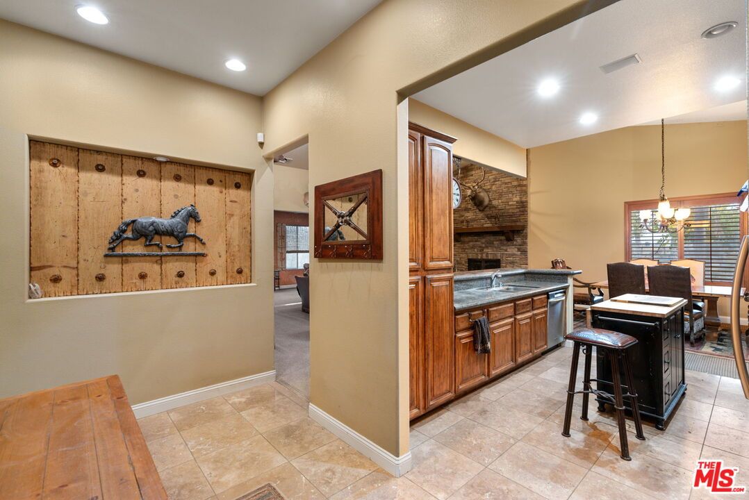 Dining room, Fireplace, Interior, Kitchen, Pendant Lights, Recessed Lighting, Stone Walls