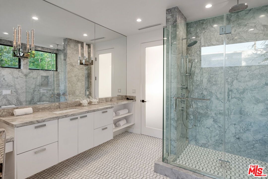 Bathroom, Dual Sink Vanities, Glass Shower, Interior, Marble Walls, Recessed Lighting