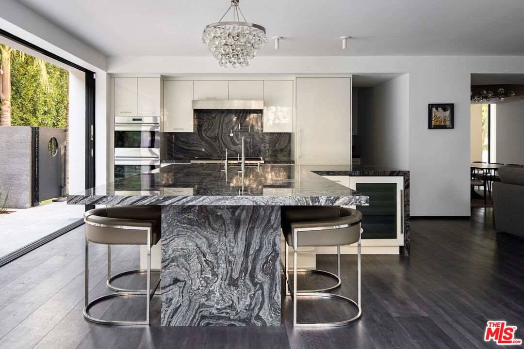 Chandelier, Interior, Kitchen, Marble Walls, Stainless Steel Appliances, Wood Texture Flooring