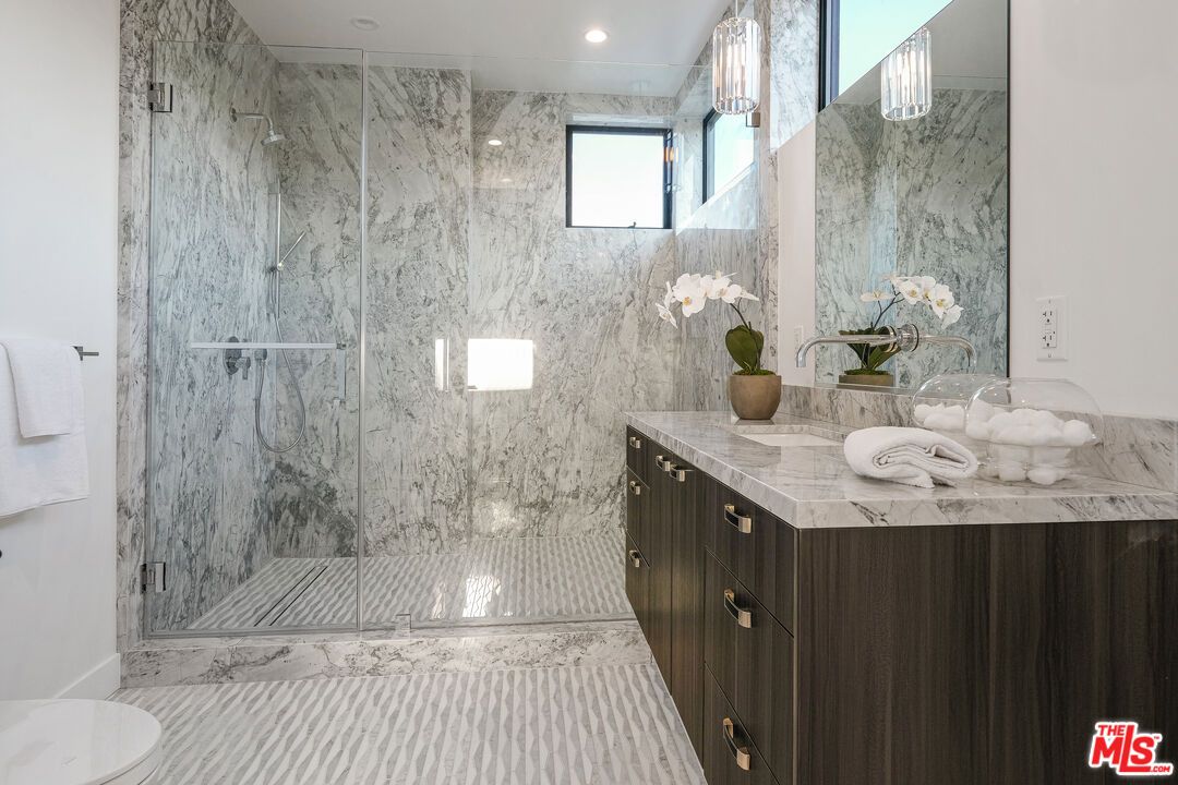Bathroom, Glass Shower, Interior, Marble, Marble Walls, Recessed Lighting