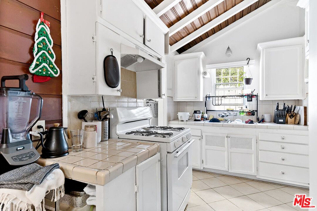Interior, Kitchen, Tile Countertops, Wooden Ceilings