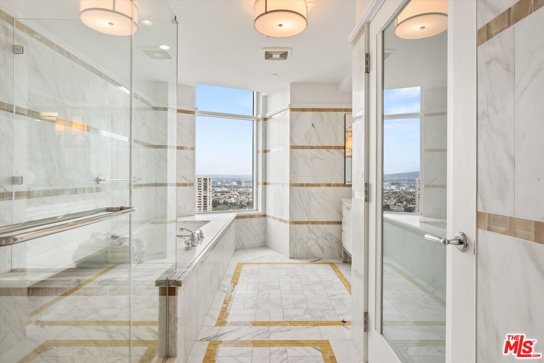 Bathroom, Glass Shower, Interior, Marble, Marble Walls, Recessed Lighting