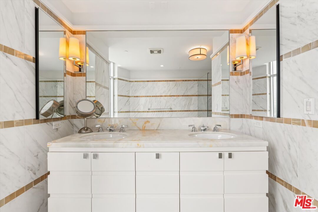 Bathroom, Dual Sink Vanities, Interior, Marble Walls, Recessed Lighting