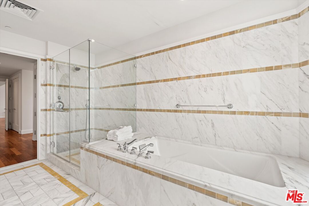 Bathroom, Glass Shower, Interior, Marble, Marble Walls, Wood Texture Flooring