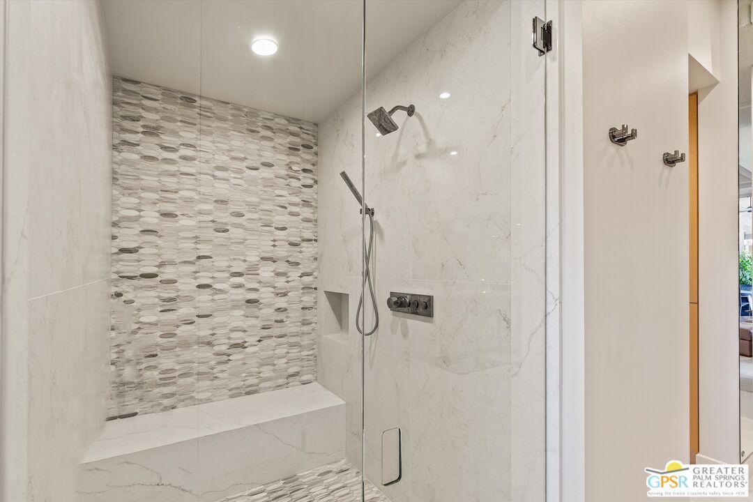 Bathroom, Glass Shower, Interior, Marble Walls, Recessed Lighting