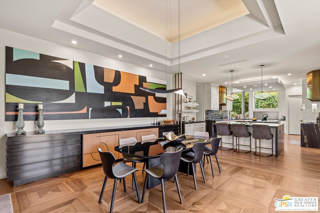 Dining room, Interior, Kitchen, Pendant Lights, Recessed Lighting, Stainless Steel Appliances, Wood Texture Flooring