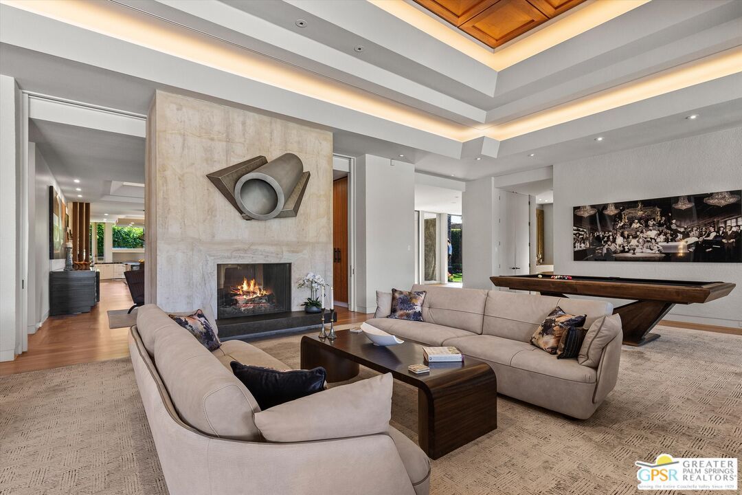 Fireplace, Interior, Living room, Recessed Lighting, Stone Walls, Wood Texture Flooring