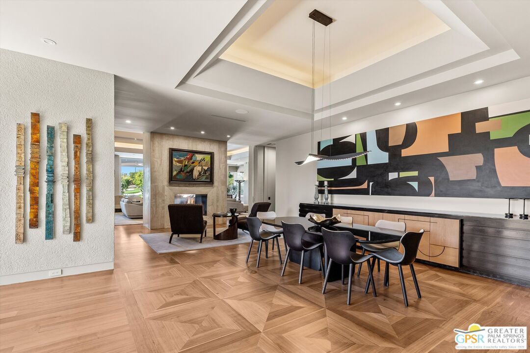 Dining room, Interior, Living room, Pendant Lights, Recessed Lighting, Wood Texture Flooring