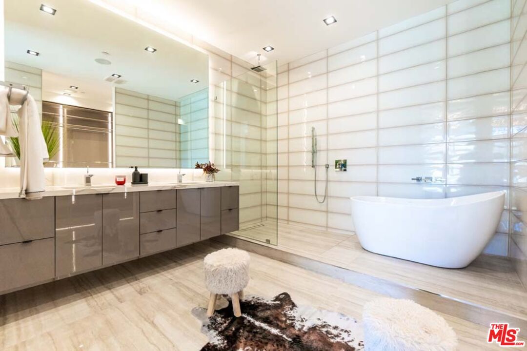 Bathroom, Dual Sink Vanities, Free Standing Baths, Glass Shower, Interior, Recessed Lighting, Wood Texture Flooring