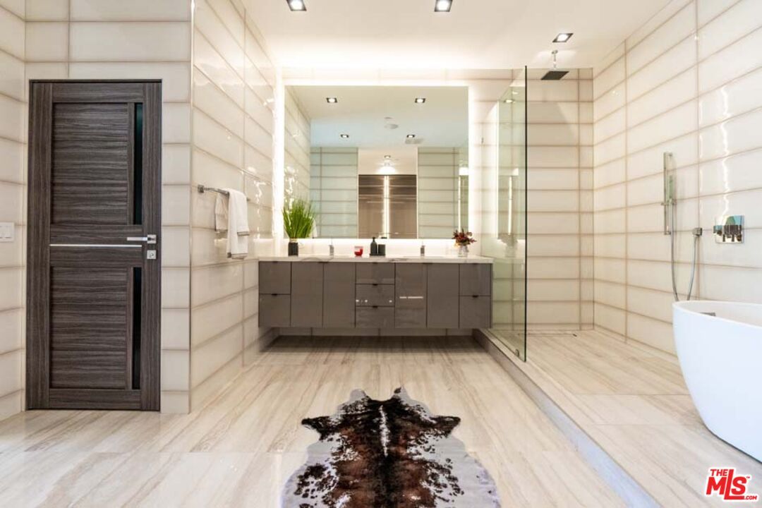 Bathroom, Dual Sink Vanities, Free Standing Baths, Glass Shower, Interior, Recessed Lighting, Wood Texture Flooring