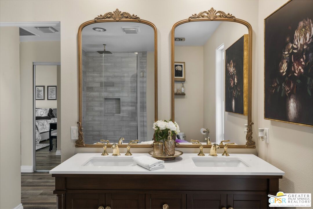 Bathroom, Dual Sink Vanities, Glass Shower, Interior, Wood Texture Flooring