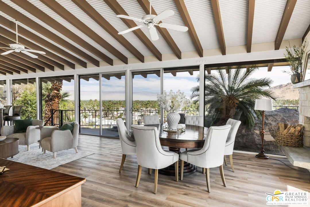 Dining room, Interior, Sun Room, Water, Wooden Beams, Wood Texture Flooring