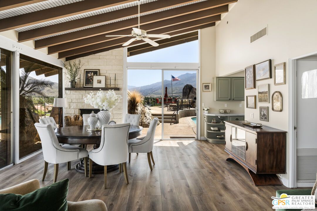 Dining room, Fireplace, Interior, Kitchen, Stone Walls, Wooden Beams, Wood Texture Flooring