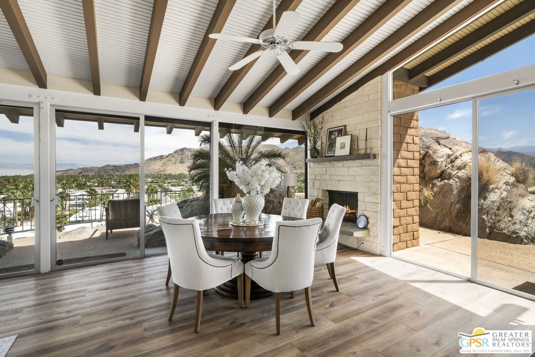 Dining room, Fireplace, Interior, Stone Walls, Wooden Beams, Wood Texture Flooring