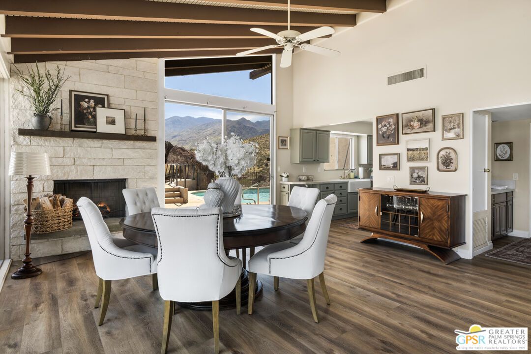 Dining room, Fireplace, Interior, Stone Walls, Wooden Beams, Wood Texture Flooring