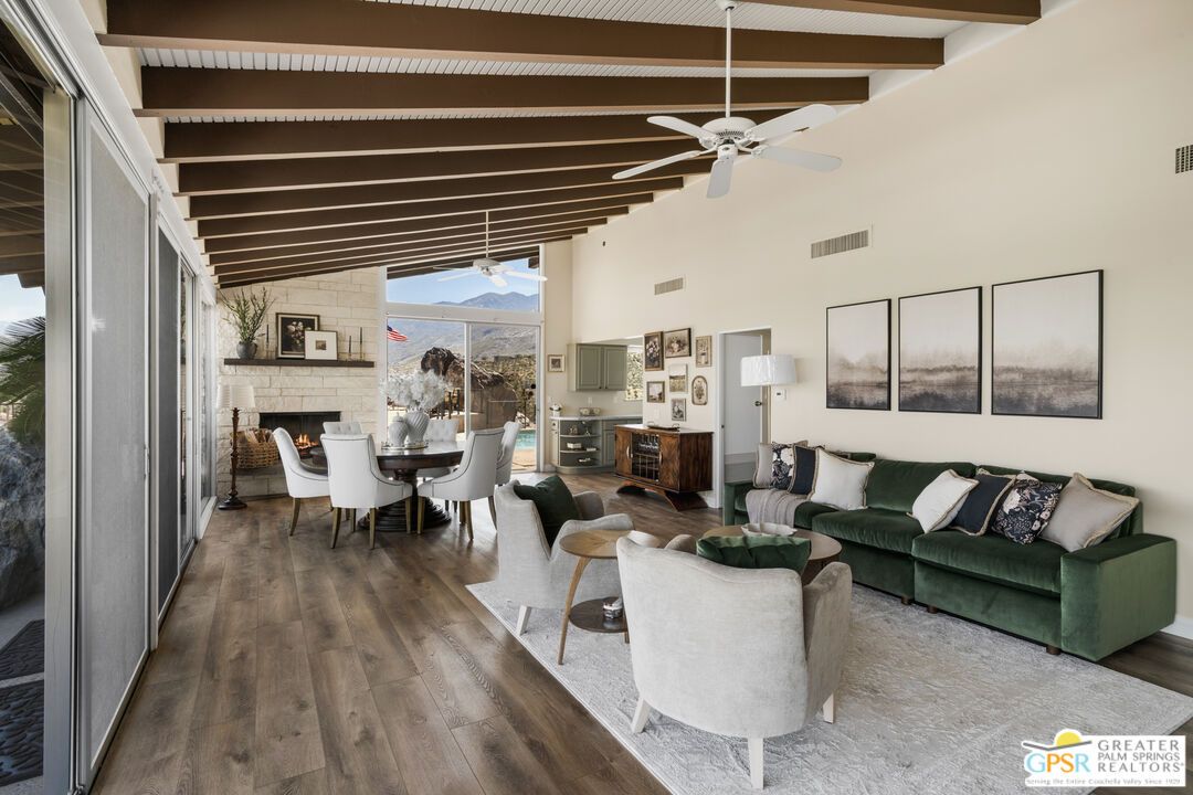 Dining room, Fireplace, Interior, Living room, Stone Walls, Wooden Beams, Wood Texture Flooring