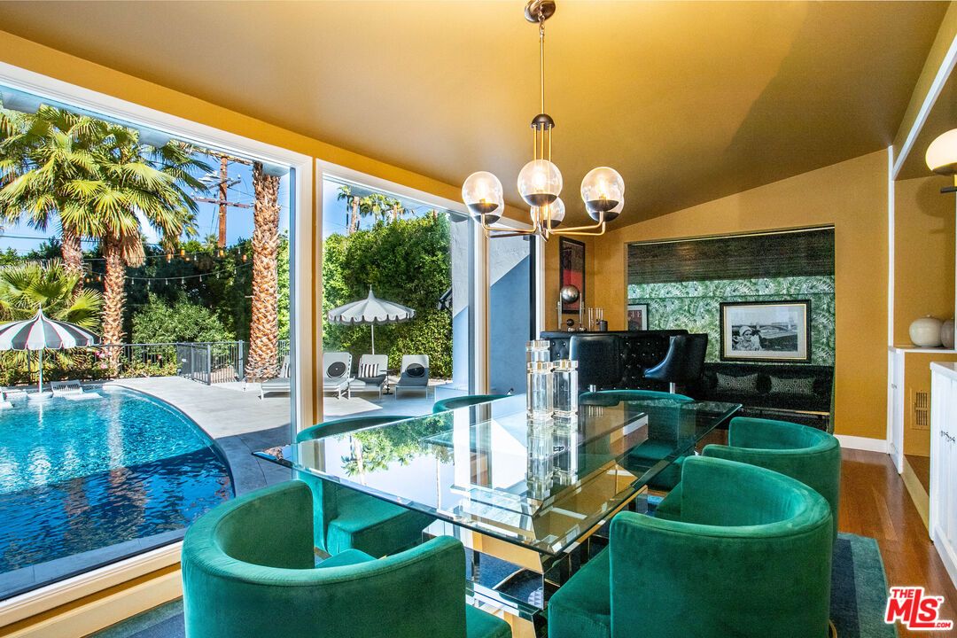Chandelier, Dining room, Interior, Pendant Lights, Pool, Wood Texture Flooring