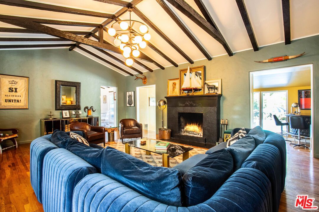 Chandelier, Fireplace, Interior, Living room, Wooden Beams, Wood Texture Flooring