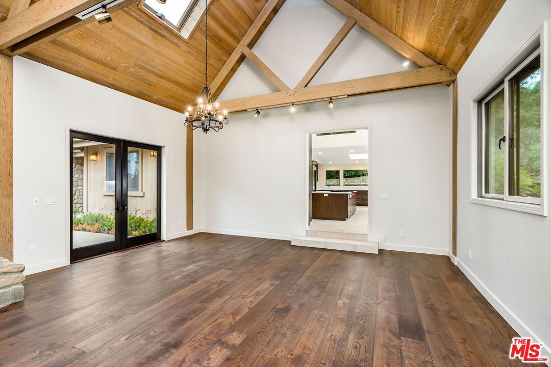 Chandelier, Empty room, Interior, Pendant Lights, Wooden Beams, Wooden Ceilings, Wood Texture Flooring