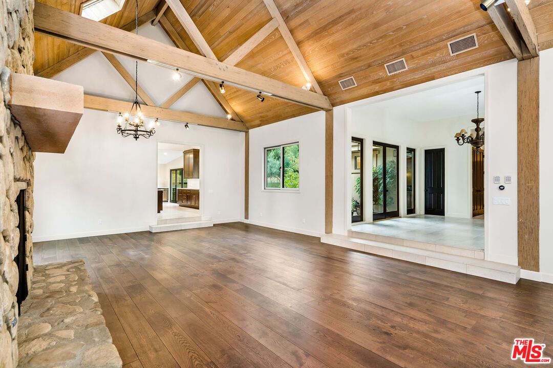 Chandelier, Empty room, Interior, Pendant Lights, Wooden Beams, Wooden Ceilings, Wood Texture Flooring