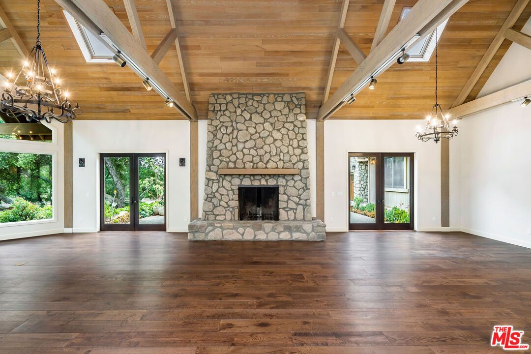Chandelier, Empty room, Fireplace, Interior, Pendant Lights, Wooden Beams, Wooden Ceilings, Wood Texture Flooring